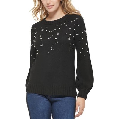 Karl Lagerfeld Womens Paris Sweater XS Black Embellished Crew Neck Knit NWT
