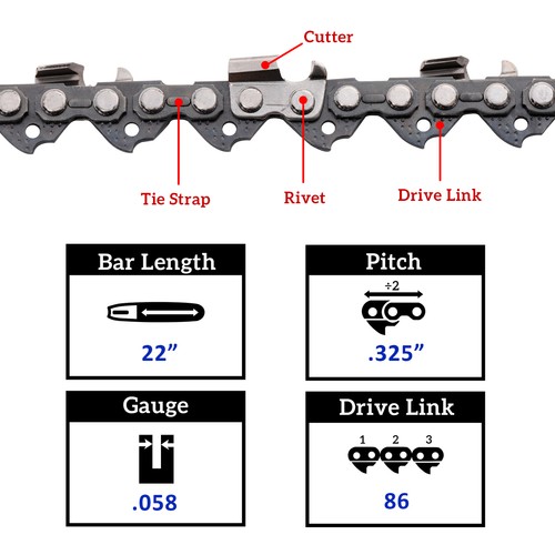 2-Set 22" Chainsaw Guide Bar and 22" Saw Chain Blade Links .325" .058 Gauge 86DL