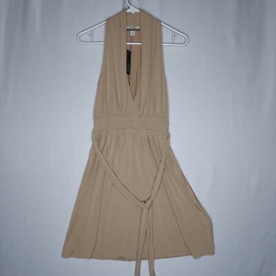 Boston Proper Muse Dress Women 6 Tan Stretch Vneck Belted Tie Aline Midi Y2K Vtg
