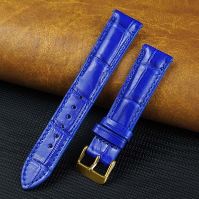 Blue Leather Watch Band Men Gold Buckle Real Crocodile Watch Strap Handmade