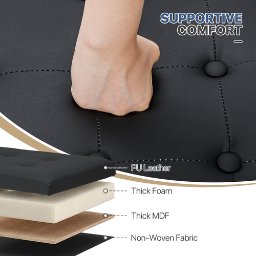 17" Black Round Storage Ottoman Classic PU Leather Lift Top Footstool Wood Legs