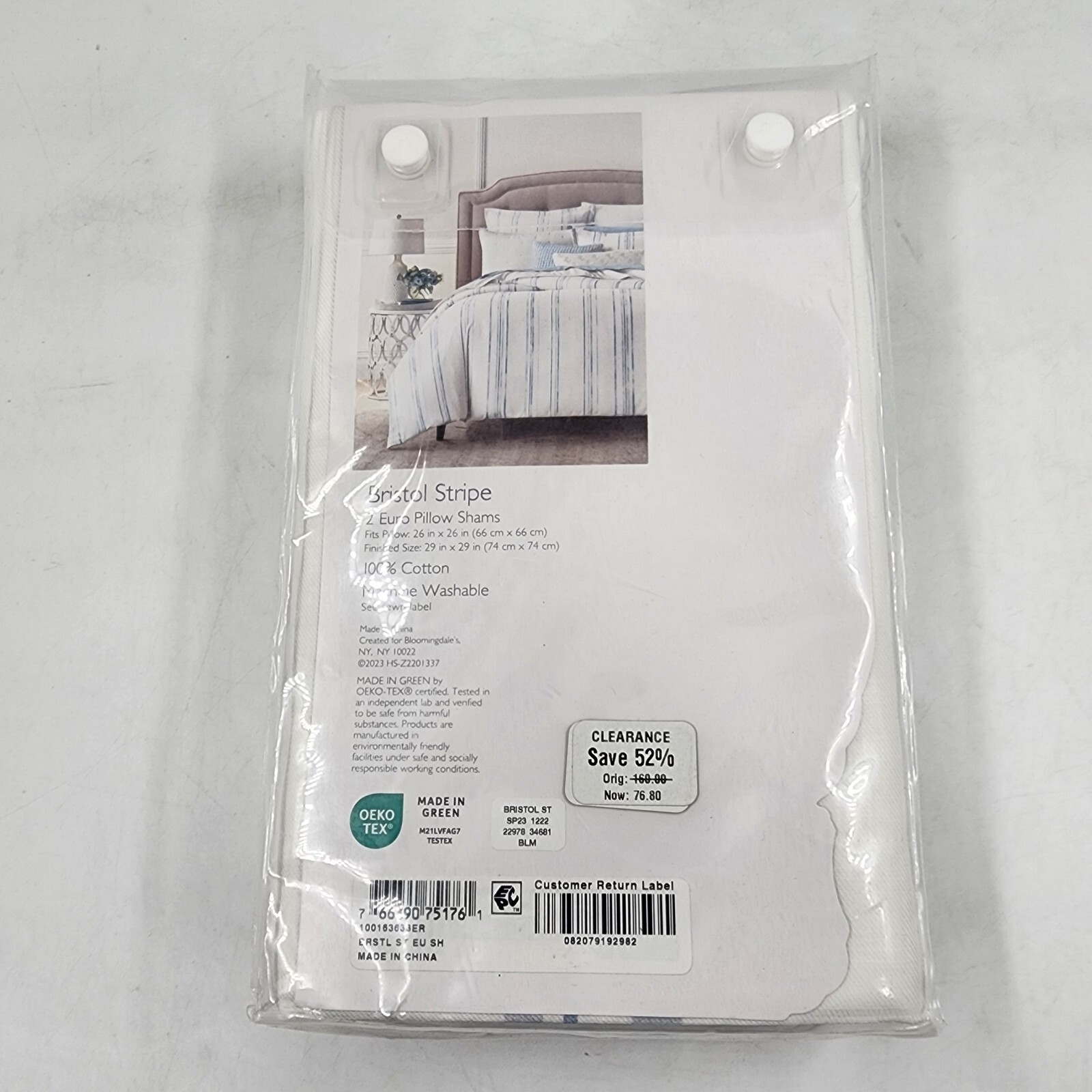 Sky Bristol Stripe Print Euro Pillow Sham Set 26in x 26in Blue Button Closure + - Picture 9 of 12