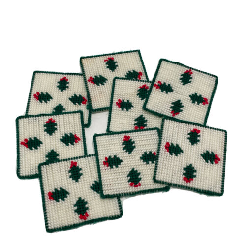 8- Vtg Christmas Holiday Coasters Mistletoe Plastic Canvas Nee...