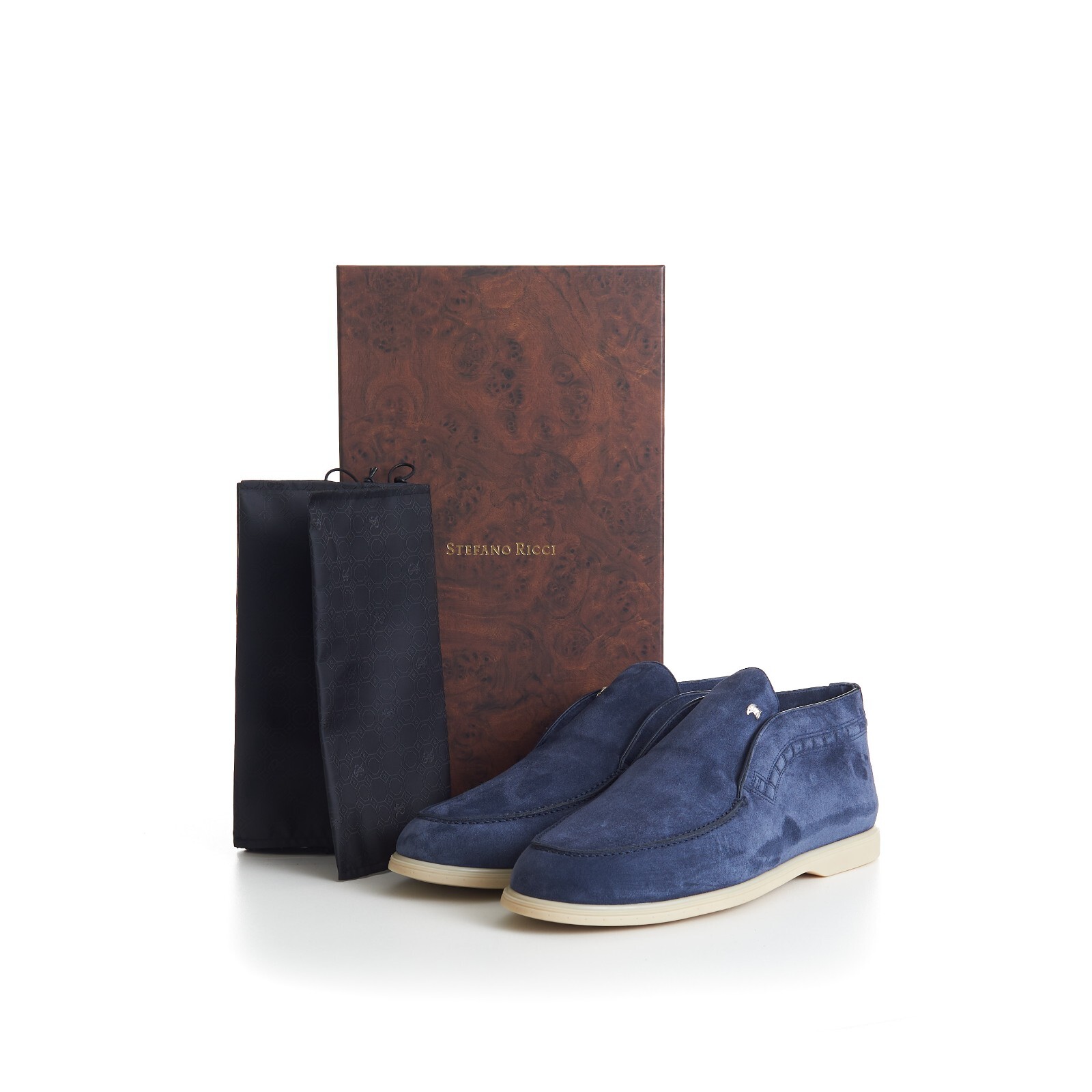 Pre-owned Stefano Ricci 1100$ Blue Suede Slip-on Ankle Boots - Eagle Head Application