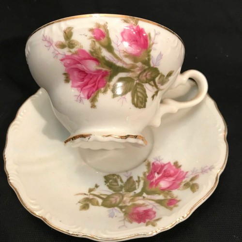 VINTAGE ANTIQUE PINK ROSE TEACUP AND SAUCER GOLD TRIM