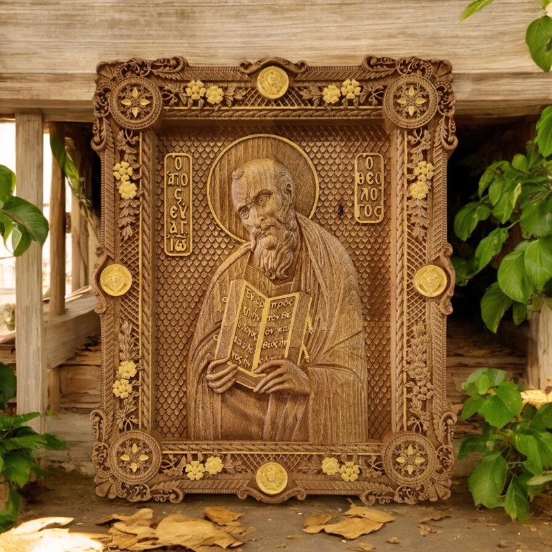 Saint John the Theologian Wooden Carved Handmade Byzantine Greek Christian Icon