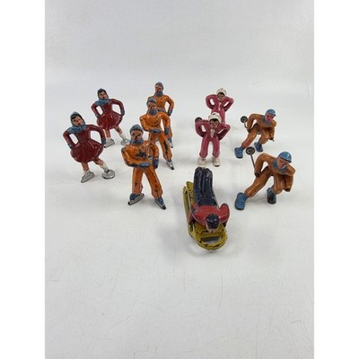 Vintage Cast Metal Winter Sports Figurine Set Skaters Skiers Sled 10 Piece Lot