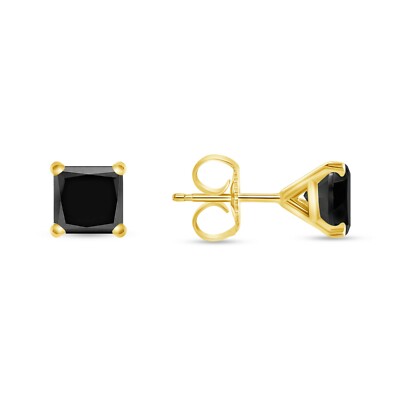 Pre-owned Shine Brite With A Diamond 2 Ct Princess Cut Black Earrings Studs Solid 14k Yellow Gold Push Back Martini