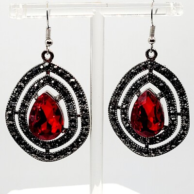 Large Teardrop Earrings Silver Red Rhinestone Drop Dangle Faux Marcasite NWOT
