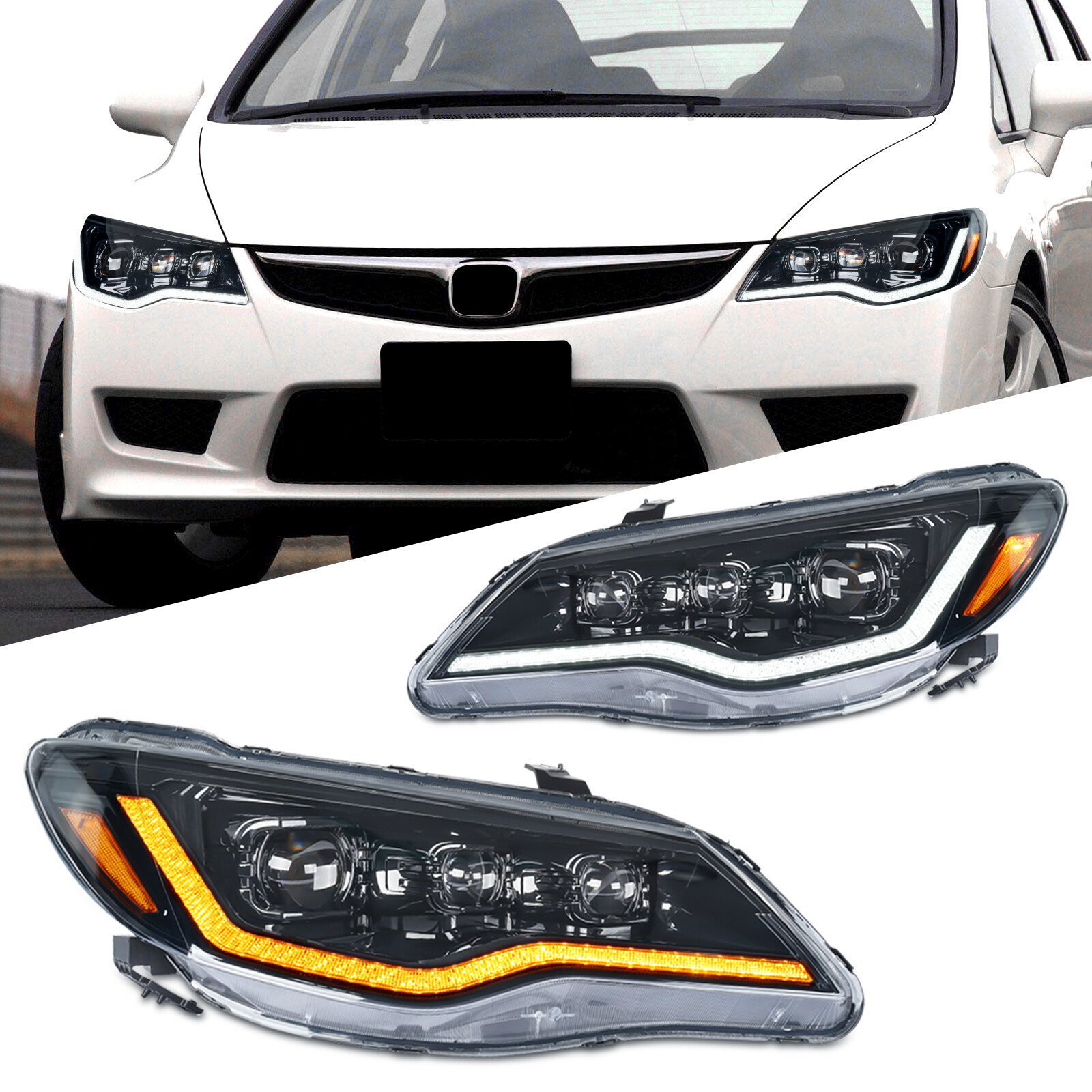 Pair LED Headlight for Honda Civic 8th Gen FD/FD2/Mugen RR/RC 2006