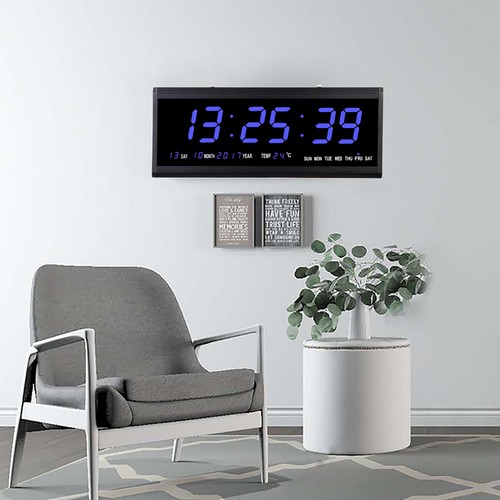 Wanduhr Digital Mit LED Display – 48 Cm, Zeigt Datum, Wochentag & Temperatur (blaue Schrift)