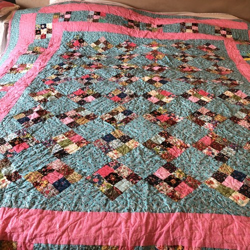 Handmade New Quilt 9 Square 76x89” Patchwork Pink Includes