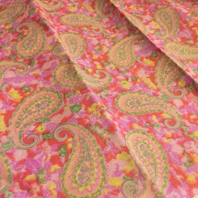 Vintage Paisley Floral Fabric Pink Green Yellow 1960's 46