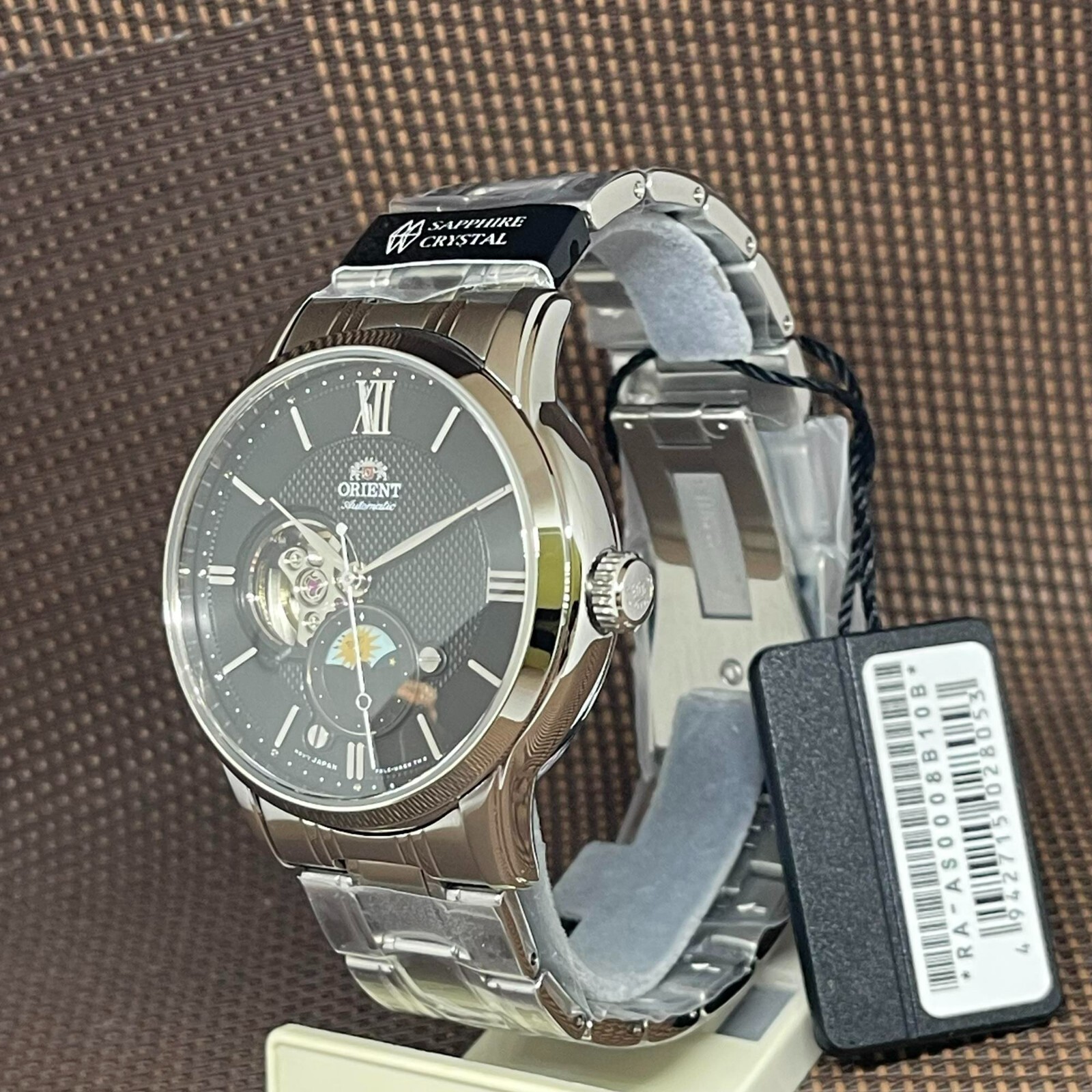 Pre-owned Orient Ra-as0008b10b Sun And Moon Open Heart Automatic Stainless Steel Men Watch
