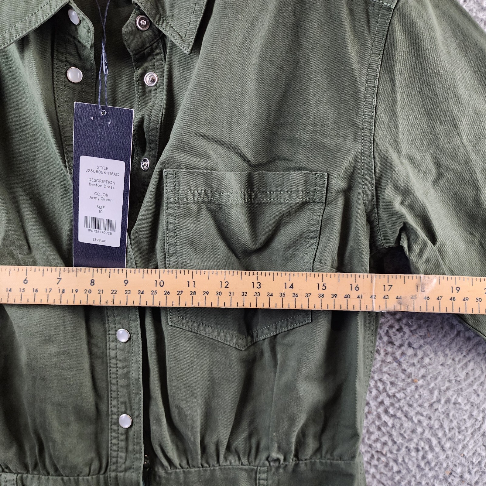 Veronica Beard Keston Twill Snap Front Shirtdress Women 10 Army Green 3/4 Sleeve - Picture 8 of 16