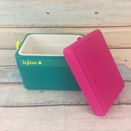 Vintage Neon IGLOO 6 Cooler 6-Pack Retro Lunchbox Teal Pink 1990s 90s Lid Handle