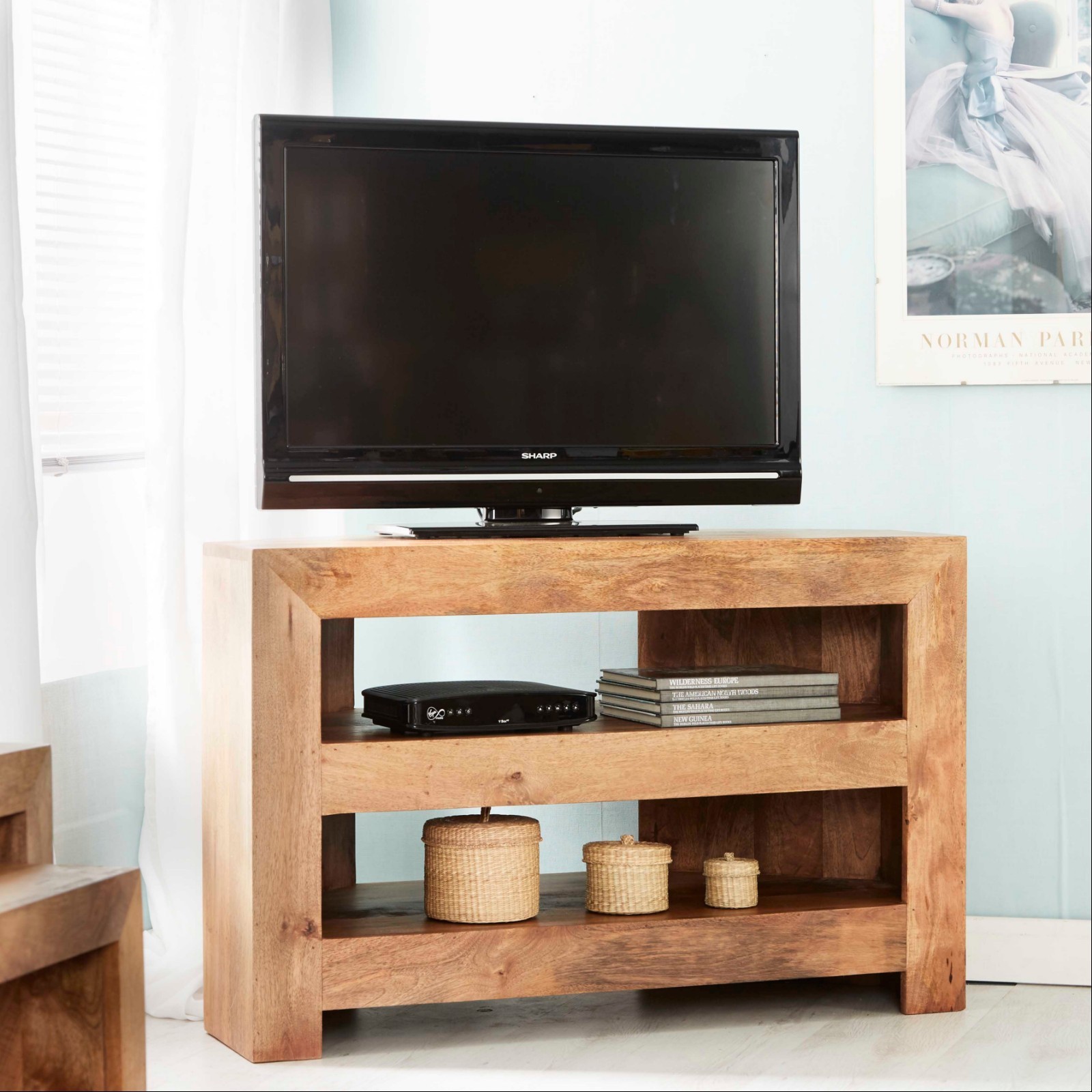 Dakota Light Mango Wood 2 Shelves Open Corner TV Unit Living Room
