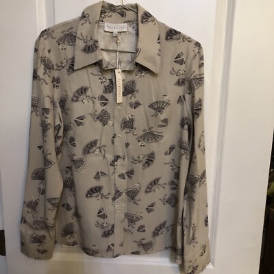 Vintage parallel silk shirt blouse French Toile Fan Print Made in USA