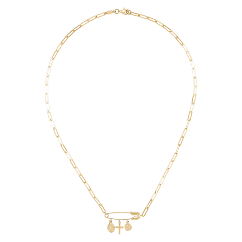 Pre-owned Welry 14k Yellow Gold Cross With Safety Pin Link Necklace, 17"