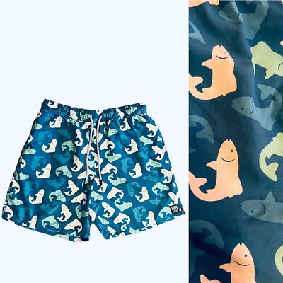 NWT Tom & Teddy Men s Swim Trunks Shorts Blue & White Salmon Print Sz M