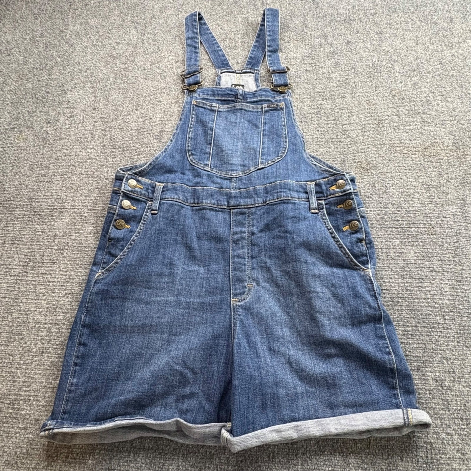 VTG Lee Shortalls Womens L Blue Denim Bib Overall Shorts