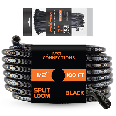 100 Ft 1/2'' Split Wire Loom Tubing Combo 100 Pcs 7'' Nylon Cable Zip Ties