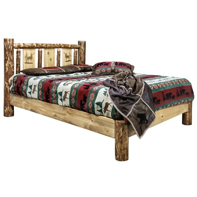 Rustic LOG Platform Bed KING Western Unique Etching Art Bear Wolf Deer Elk