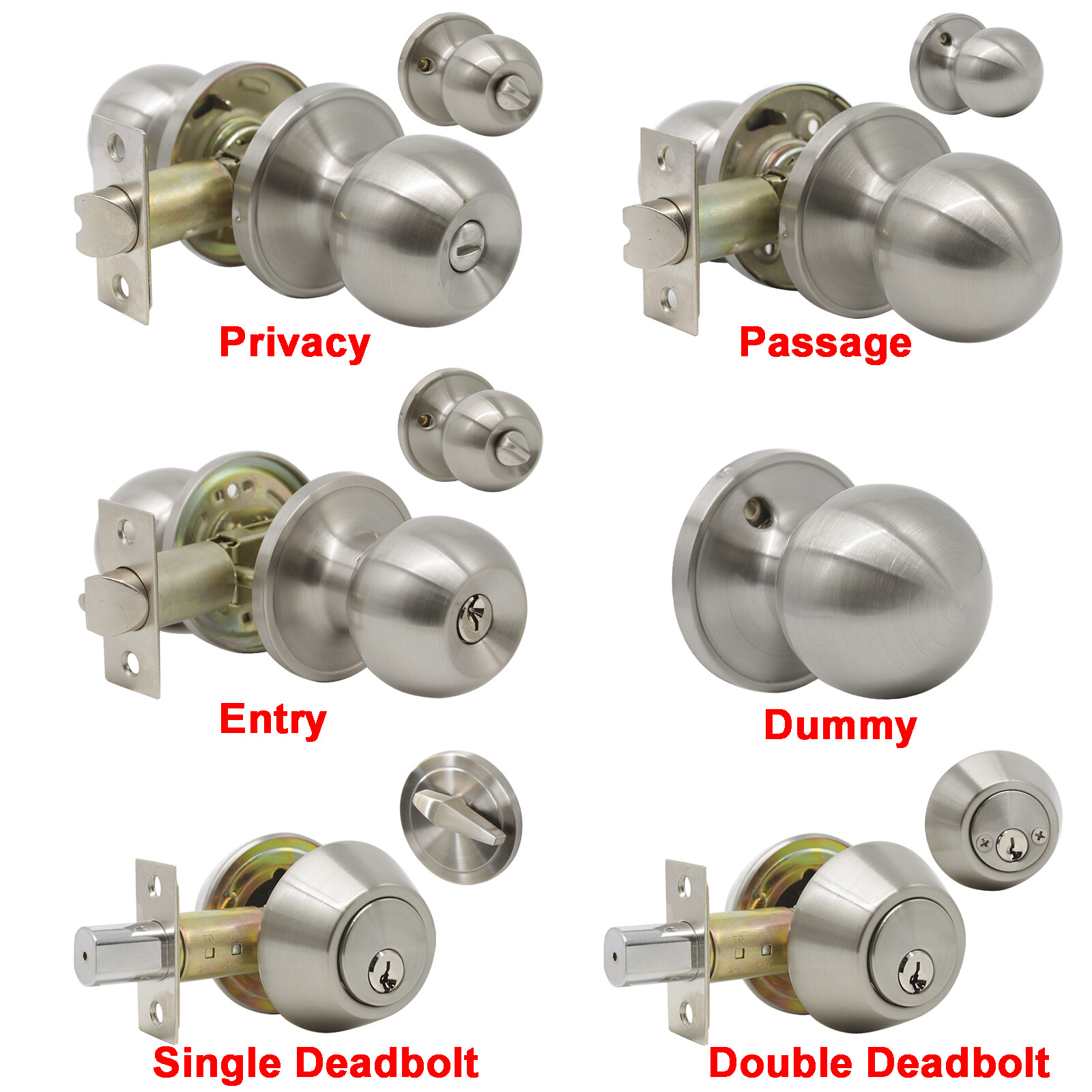 Satin Nickel Door Knobs Handles Lock Set Entrance Privacy Passage