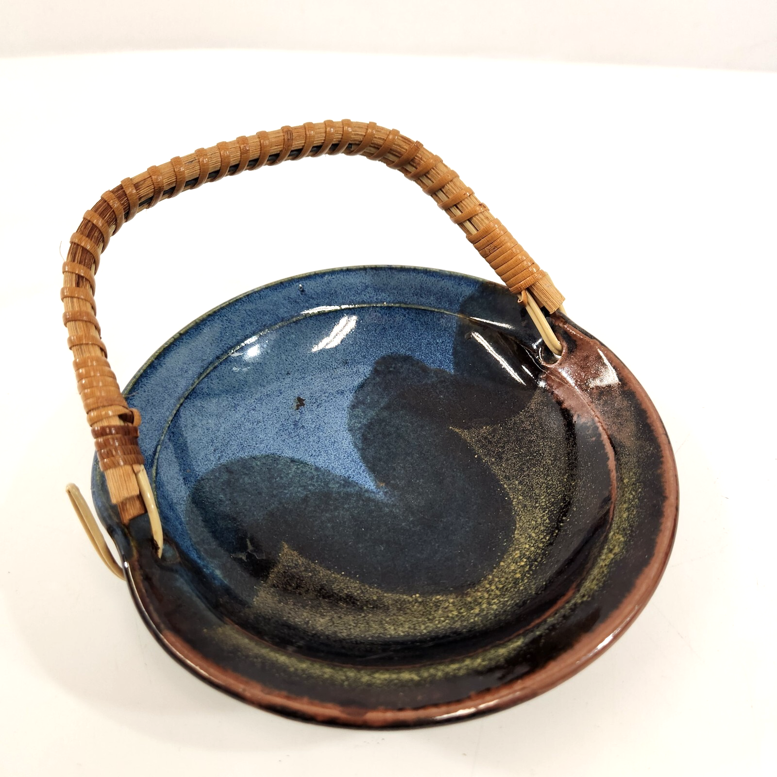 Blue Pottery Basket White Stone Hawaii Glazed Ceramic Art Tourist Trinket Dish