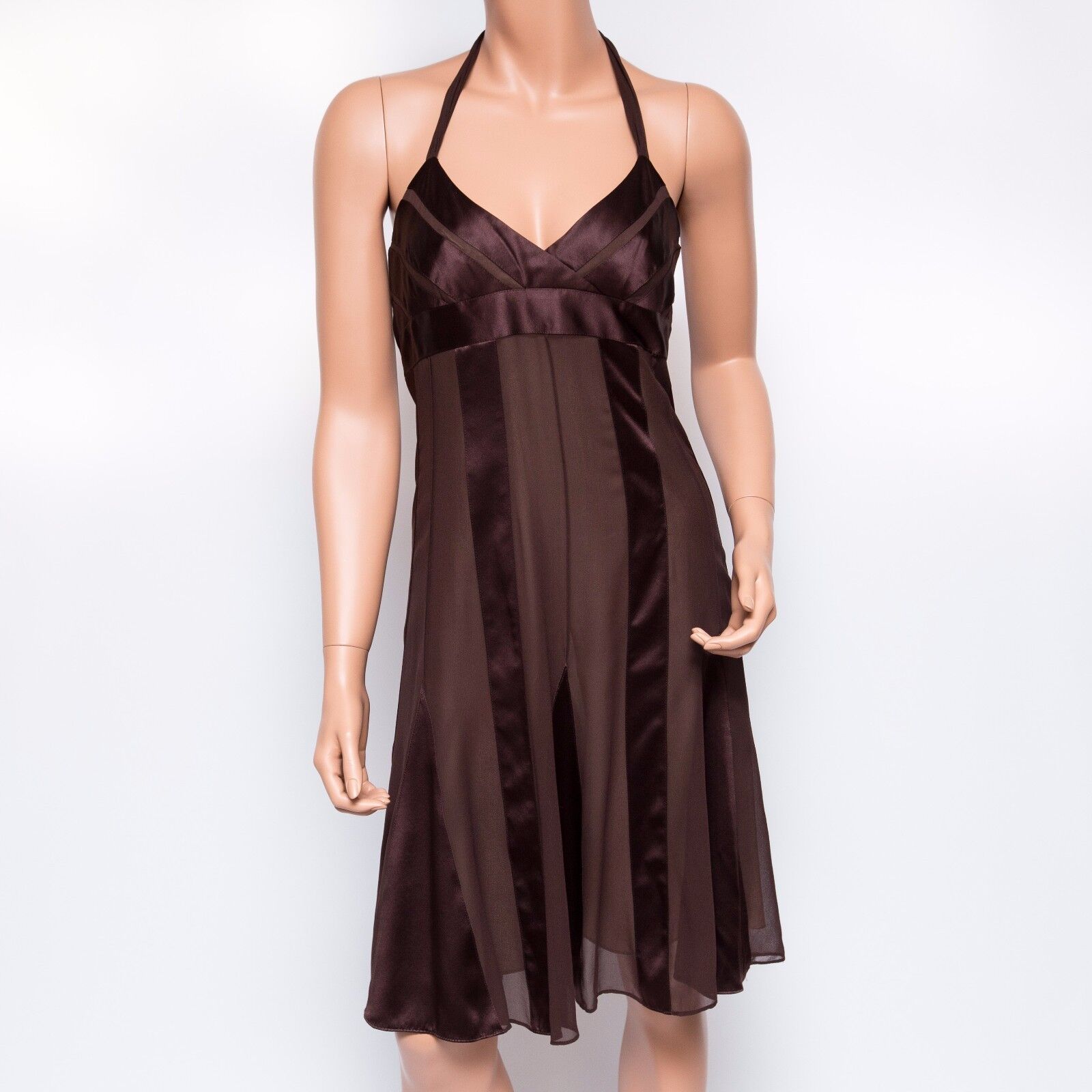 BCBGmaxazria Brown Silk Contrast Halter Midi Dress $298 US4 BCBGmaxazria Brown Silk Contrast Halter Midi Dress $298 US4
