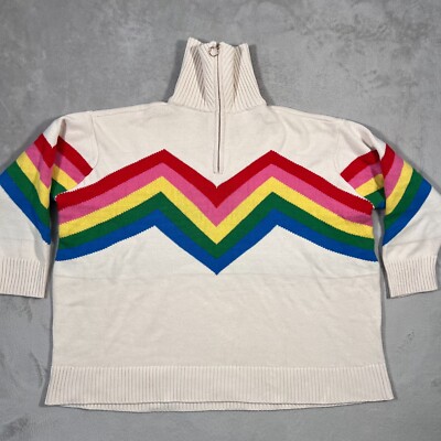 Show Me Your Mumu Sweater Womens 2X Off White Beige Rainbow Stripes Knit Zip NEW