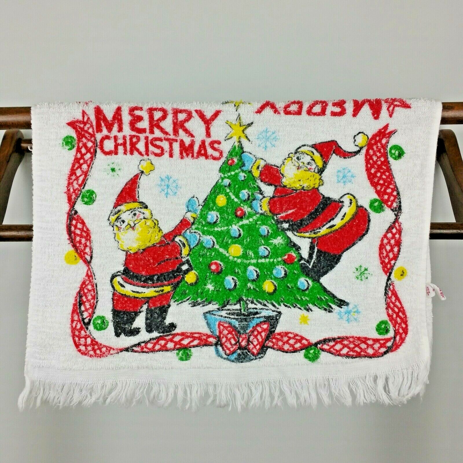 Vintage Christmas Towel Santa Hand Tea Terry Cotton USA MCM