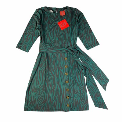 Tracy Negoshian Turquoise Gray Zebra Print Slinky Short Dress Belted NWT Xsmall