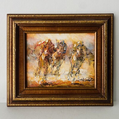 M HAROLD 1935-2012 ORIGINAL OIL PAINTING CANVAS SIGNED HORSE RACE JOCKEY DERBY