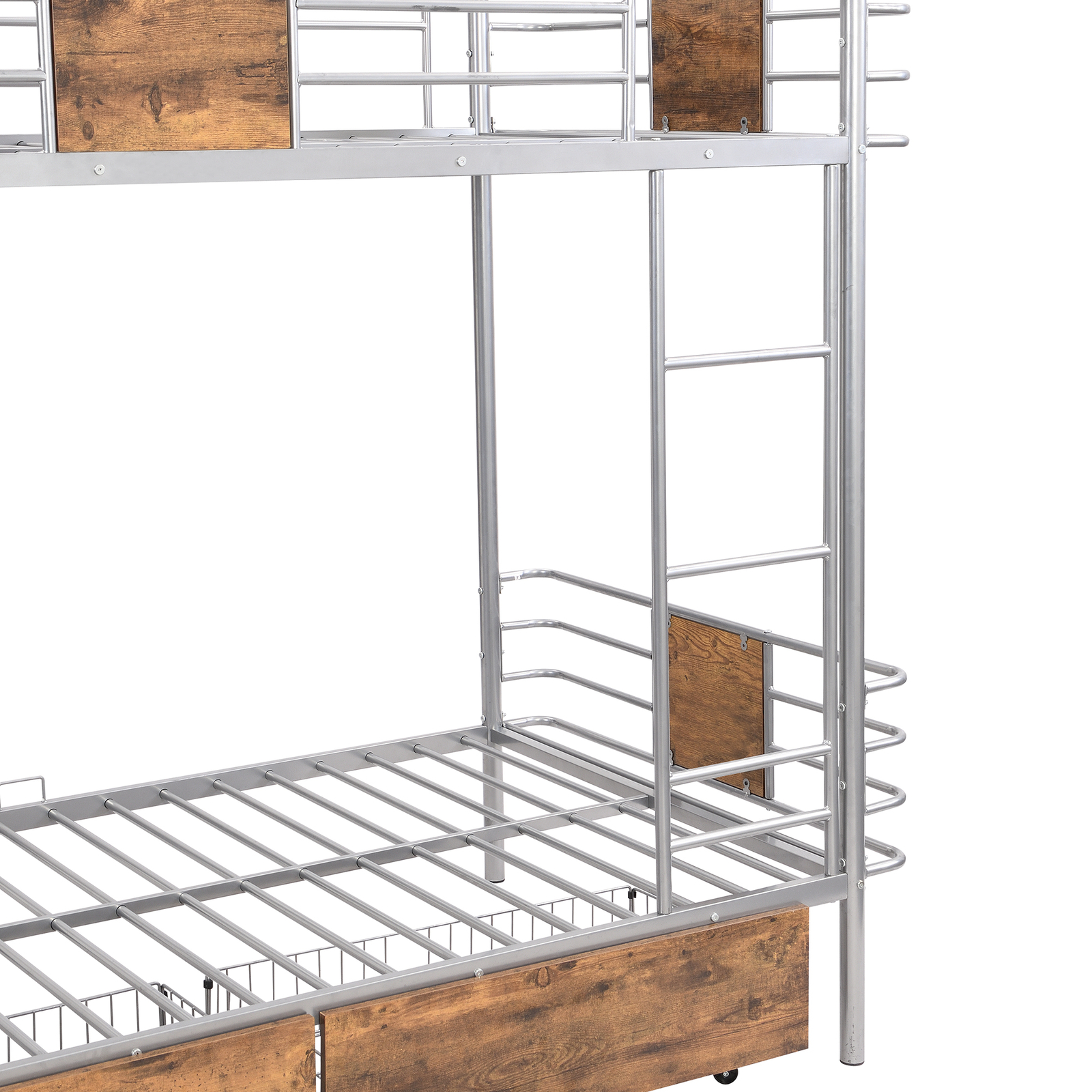 Twin XL over Twin XL Metal Bunk Bed Frame W/ Guardrail +2 Storage Drawers Silver