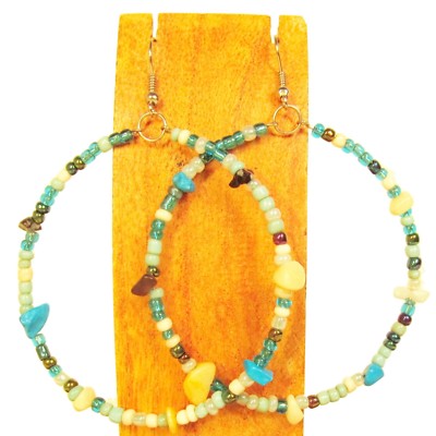 2'' Stone Chip Aqua Multi Color Bohemian Handmade Bali Seed Bead Hoop Earring