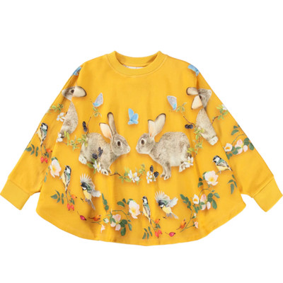 MOLO Marcella In The Woods Sweatshirt Poncho Yellow Bunnies Rabbit Floral Large