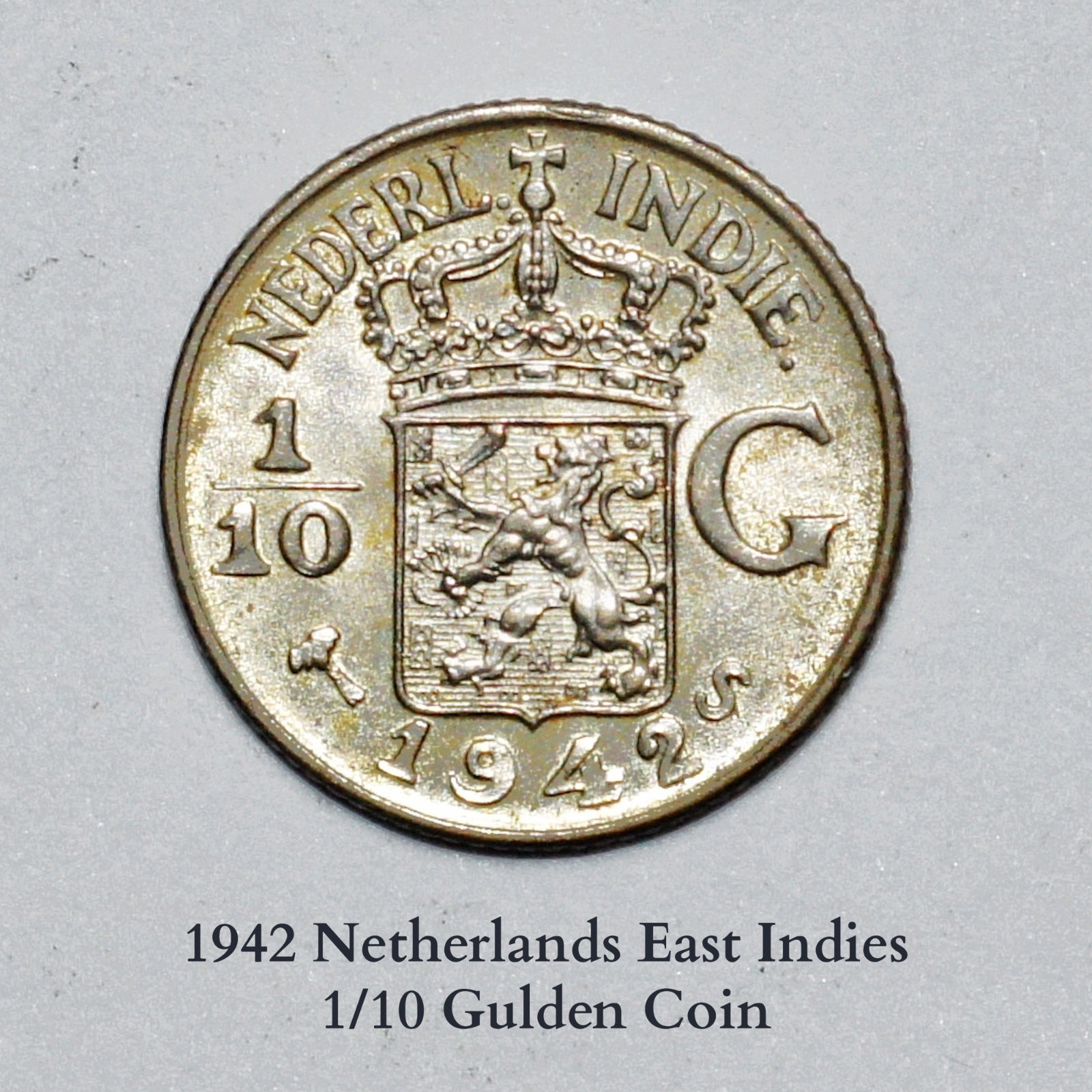 1942 Netherlands East Indies 1/10 Gulden Coin-Silver Coin-UNC#102