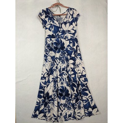 Chaps Womens Floral Print Maxi Dress Sz M V-Neck Button Cotton Blue White