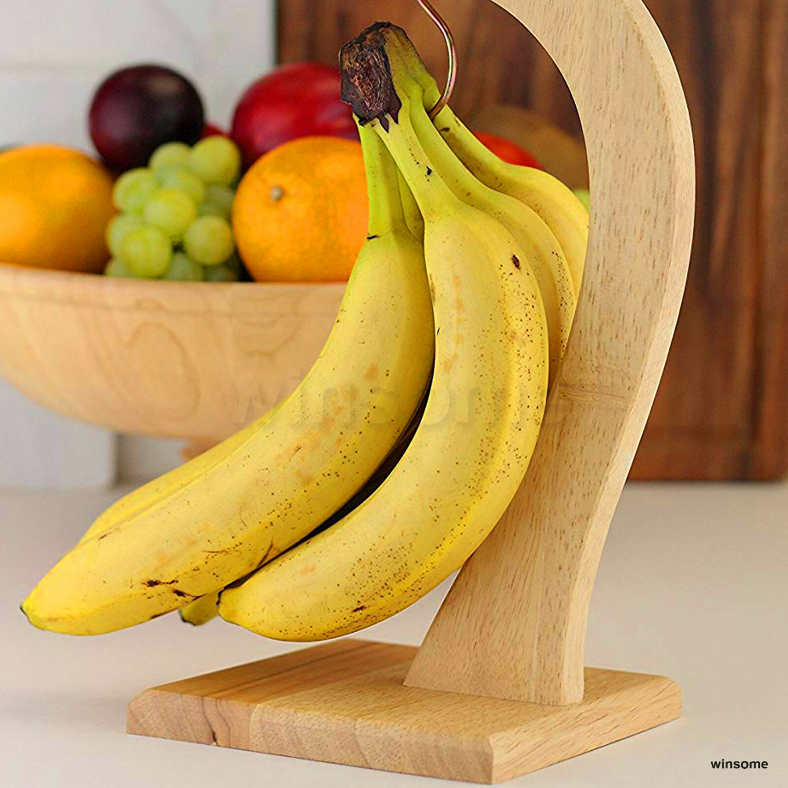 Natural Wood Banana Hanger Holder Grapes Fruit Stand Wooden Tree Chrome