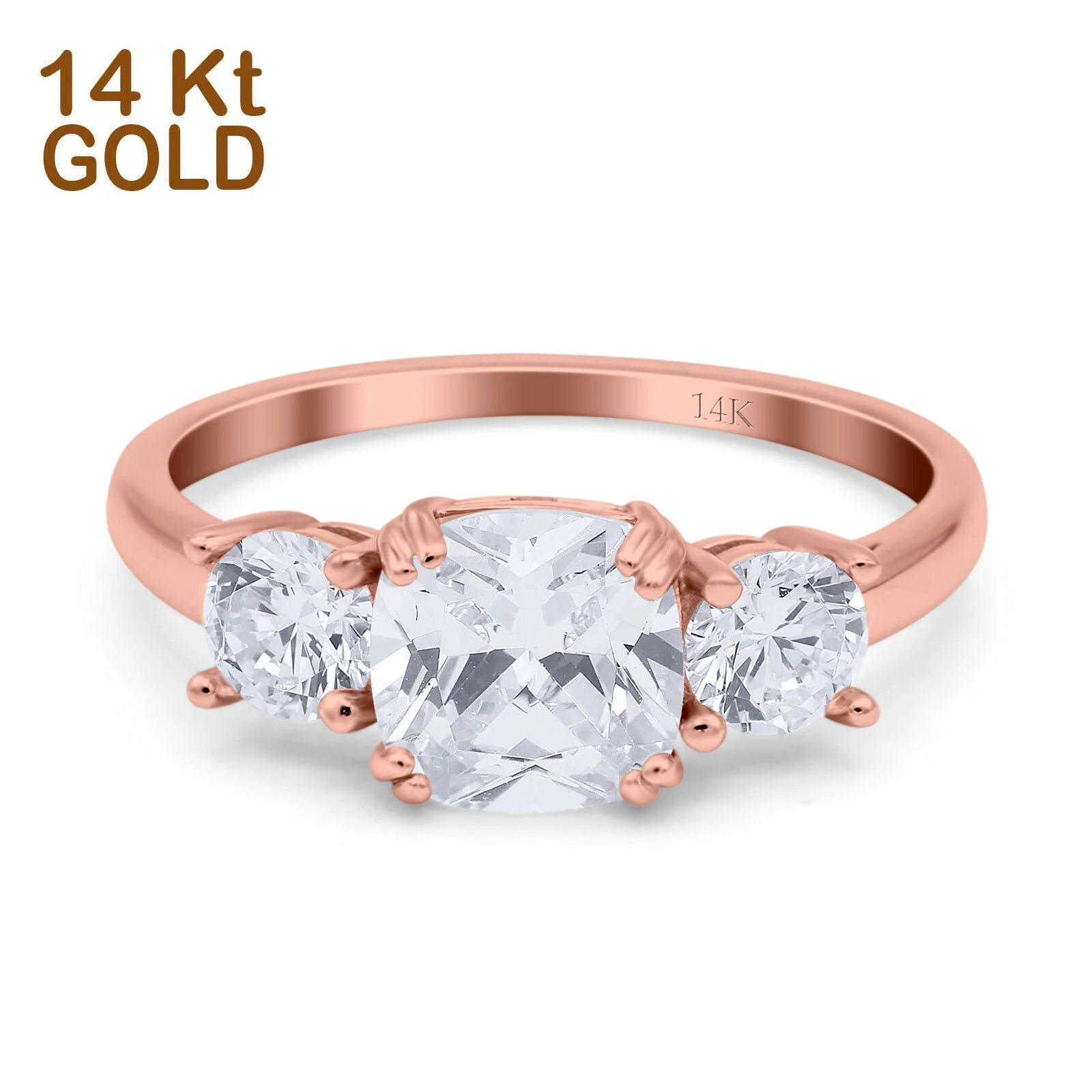Pre-owned Emerald 14k Rose Gold Cushion Three Stone Wedding Engagement Ring Simulated Cz In Pink