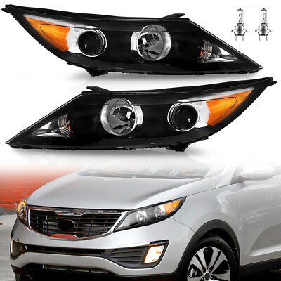 2PCS Headlights For 2011 2012 Kia Sportage Black Housing Halogen Headlamp LH+RH