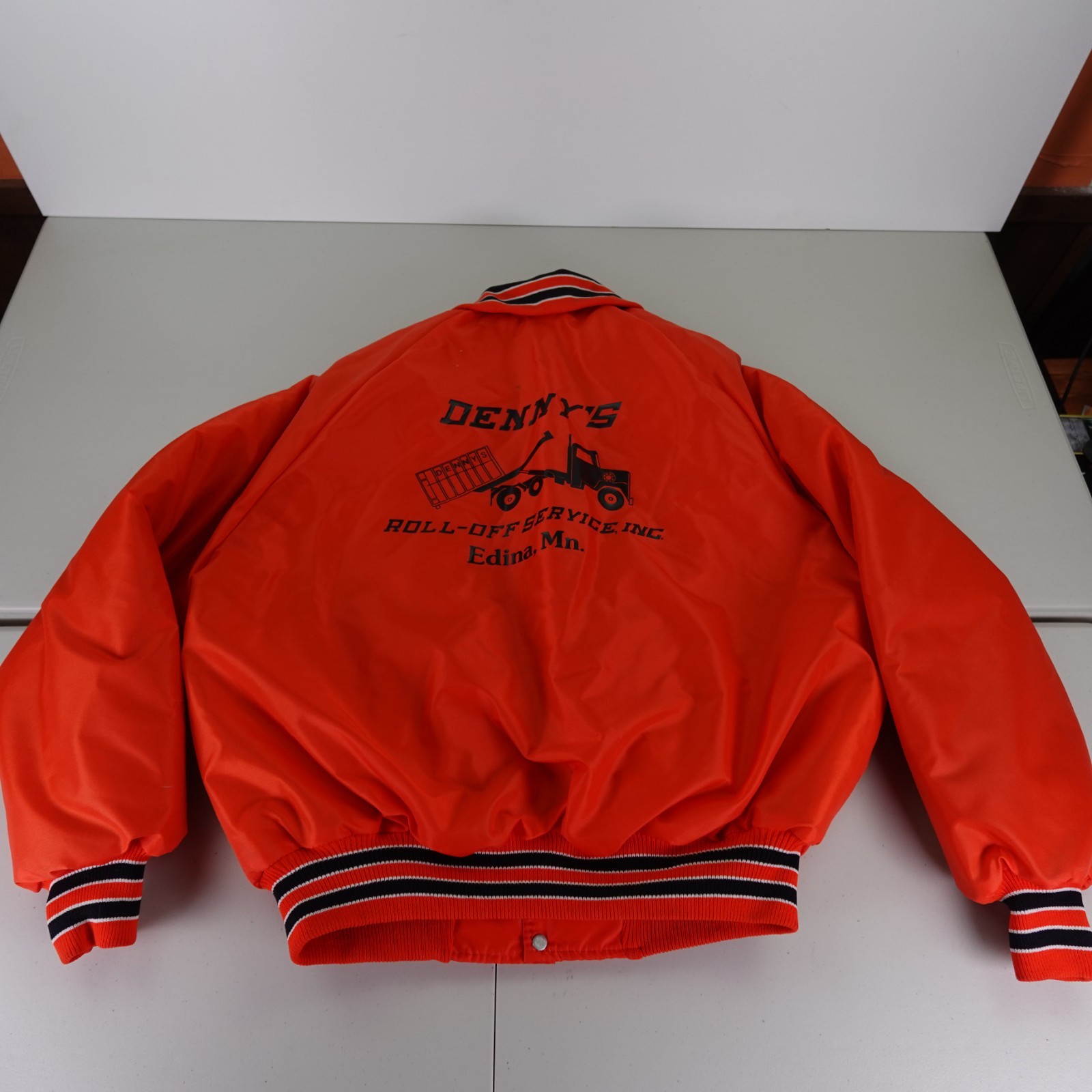 Vintage Satin Bomber Jacket Sz XL Orange - Denny's Roll-Off