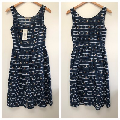 NWT Sugarhill Beatrice Saul Away Sundress Navy Blue A Line Button Down Sz 2