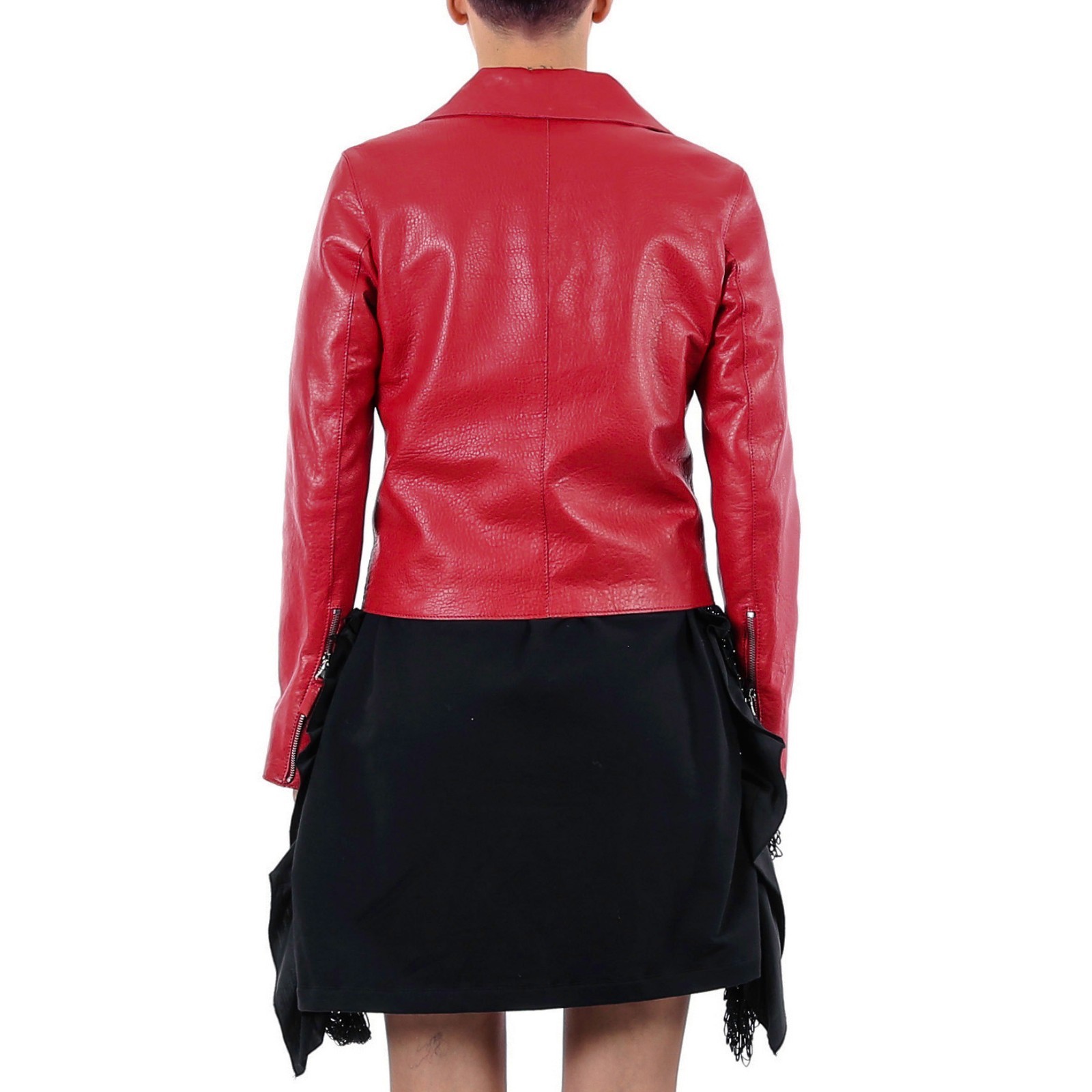 Pre-owned Handmade Italian  Women Genuine Lamb Leather Biker Jacket Grainy Red