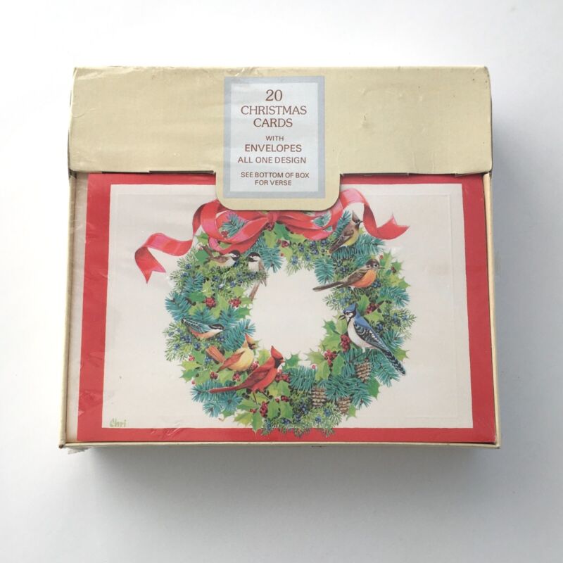 Vtg Christmas Cards Green Wreath Birds Red Bow Box Of 20 Grand Award Nos Sealed