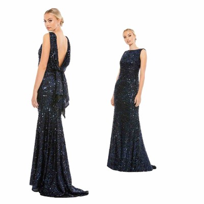 Mac Duggal Women s Size 4 Navy Cowl Back Boat Neck Sequined Evening Gown Dress