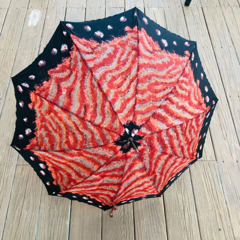 Vtg nylon umbrella geometric mod mcm w unitque handle 60s