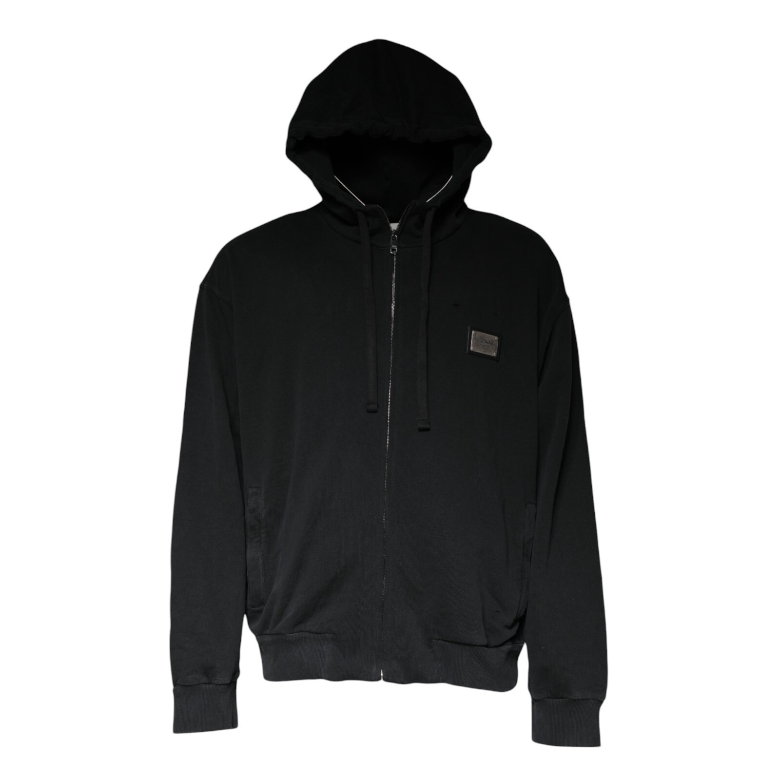 DOLCE & GABBANA Sweater Black Logo Plaque Hooded Full Zip