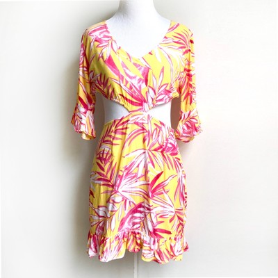 Lovers + Friends Cutout Mini Dress sz S Floral Ruffle Half Slvs Neck Ties Yellow